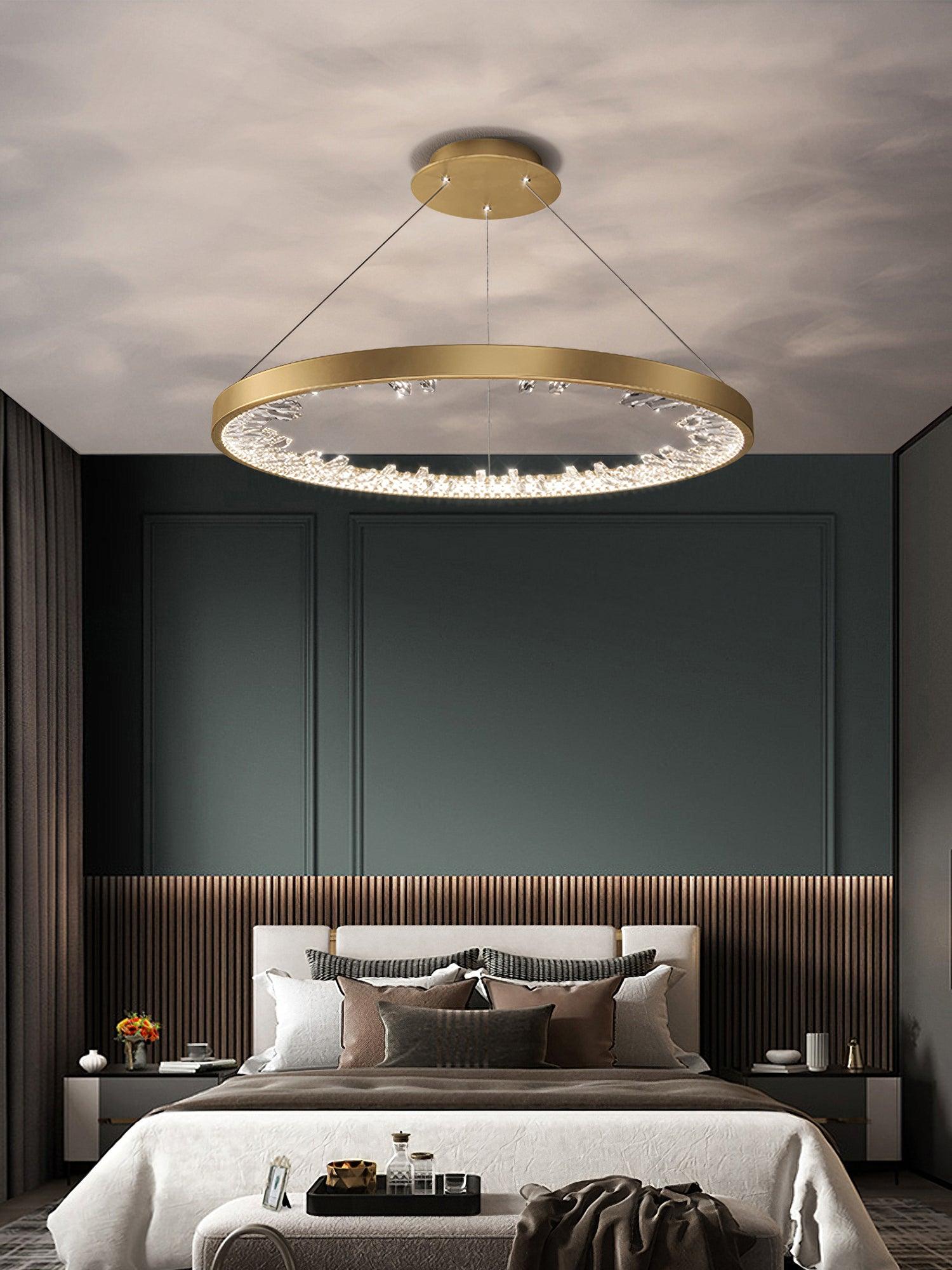 Modern Round Crystal LED Pendant Light Gold Floating Ring Chandelier Ceiling Fixture