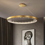 Modern Round Crystal LED Pendant Light Gold Floating Ring Chandelier Ceiling Fixture