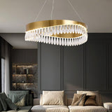 Modern Round Crystal Stick LED Chandelier Pendant Light with Copper Finish for Living and Dining Rooms