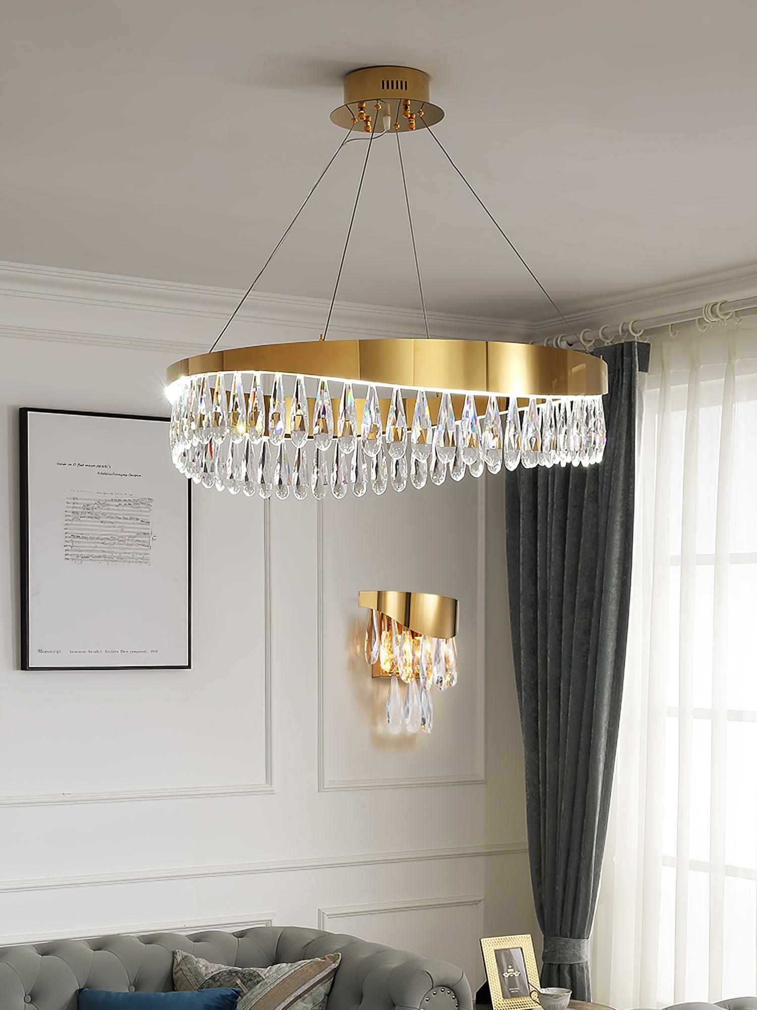 Modern Round Crystal Stick LED Chandelier Pendant Light with Copper Finish for Living and Dining Rooms