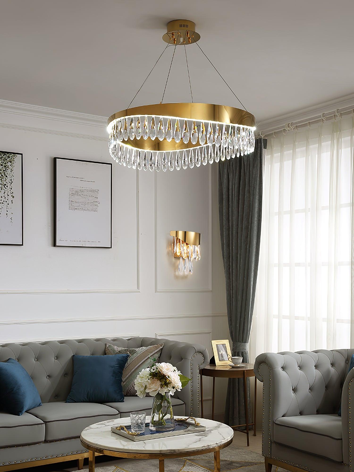 Modern Round Crystal Stick LED Chandelier Pendant Light with Copper Finish for Living and Dining Rooms