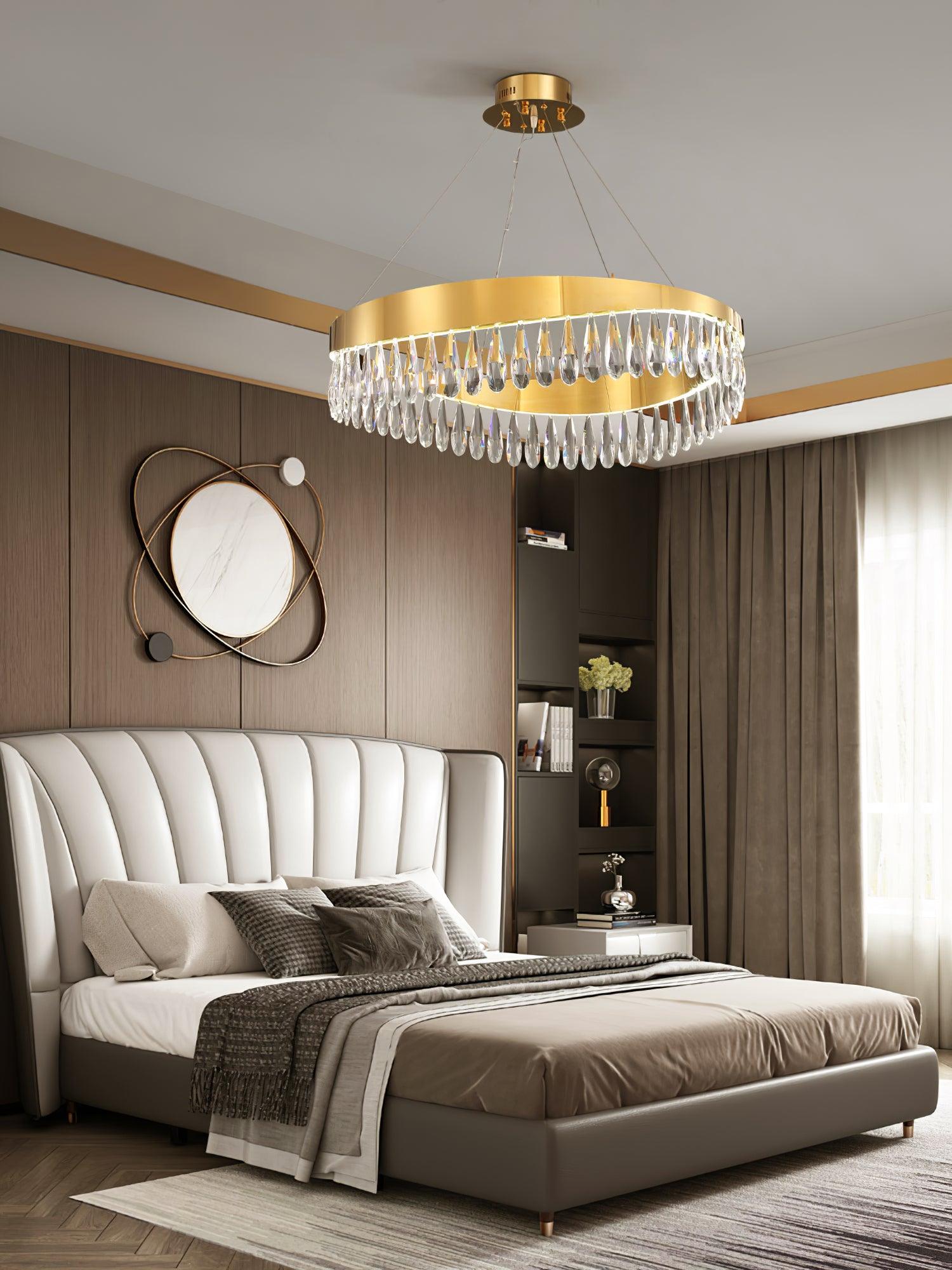 Modern Round Crystal Stick LED Chandelier Pendant Light with Copper Finish for Living and Dining Rooms