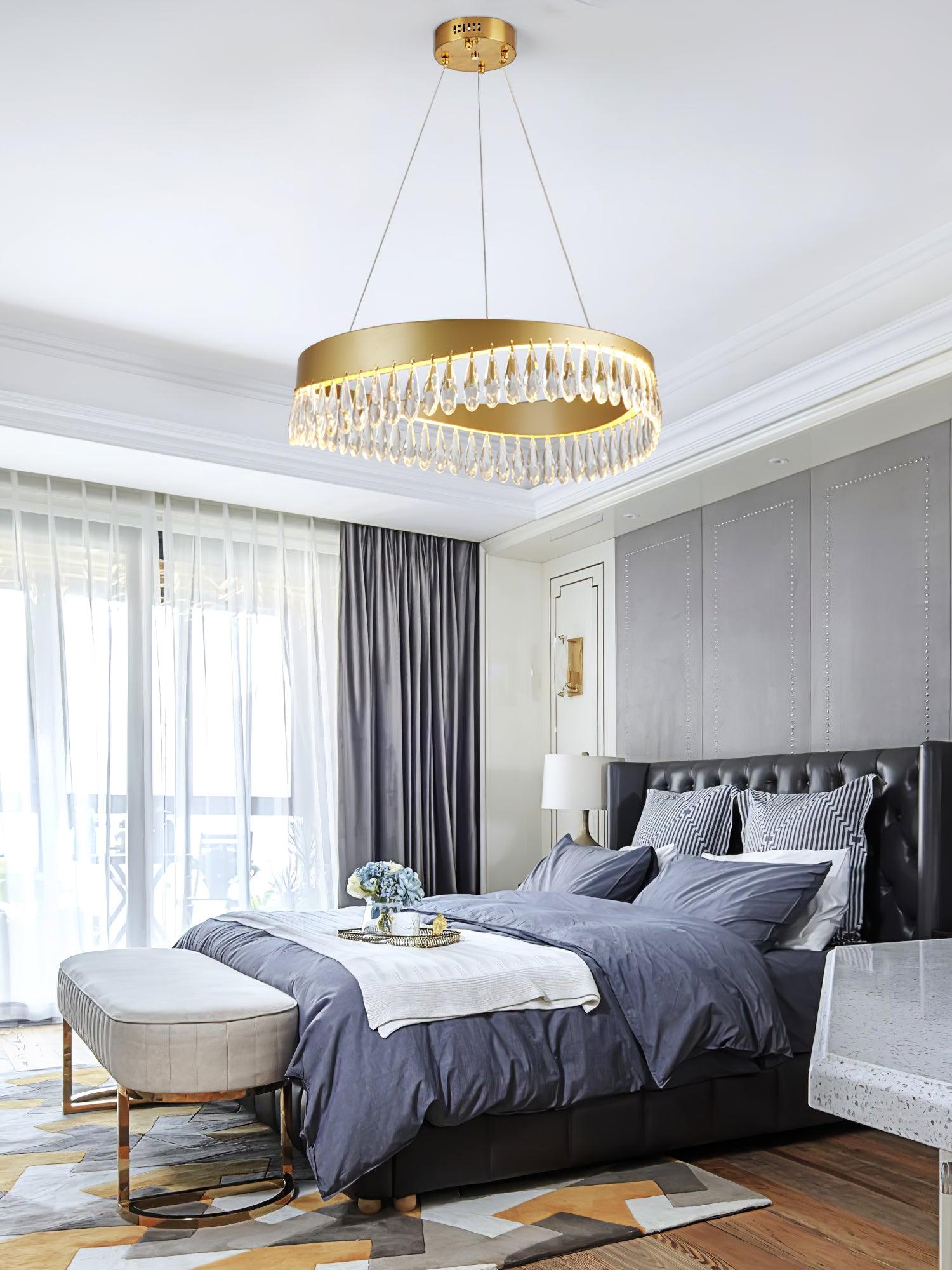 Modern Round Crystal Stick LED Chandelier Pendant Light with Copper Finish for Living and Dining Rooms