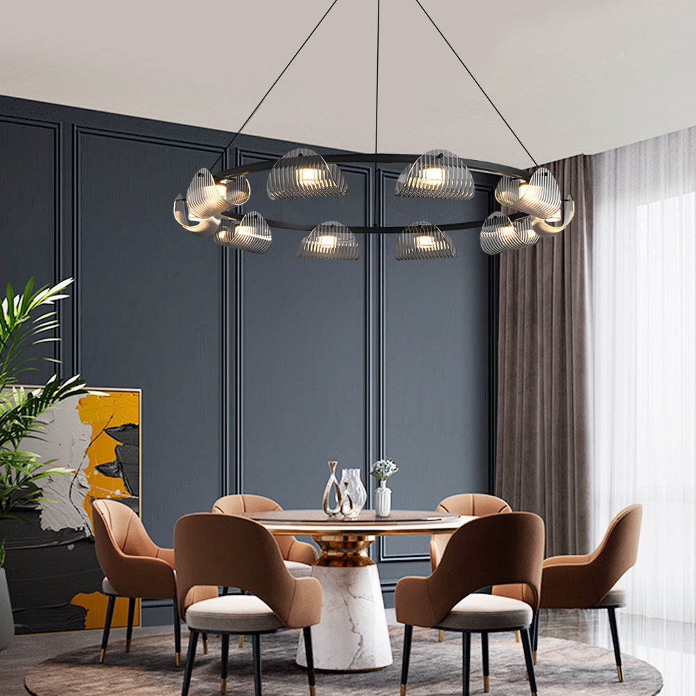 Modern Round Curved Striped Glass LED Chandelier Nordic Smoke Gray Dimmable Pendant