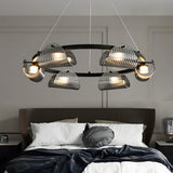 Modern Round Curved Striped Glass LED Chandelier Nordic Smoke Gray Dimmable Pendant
