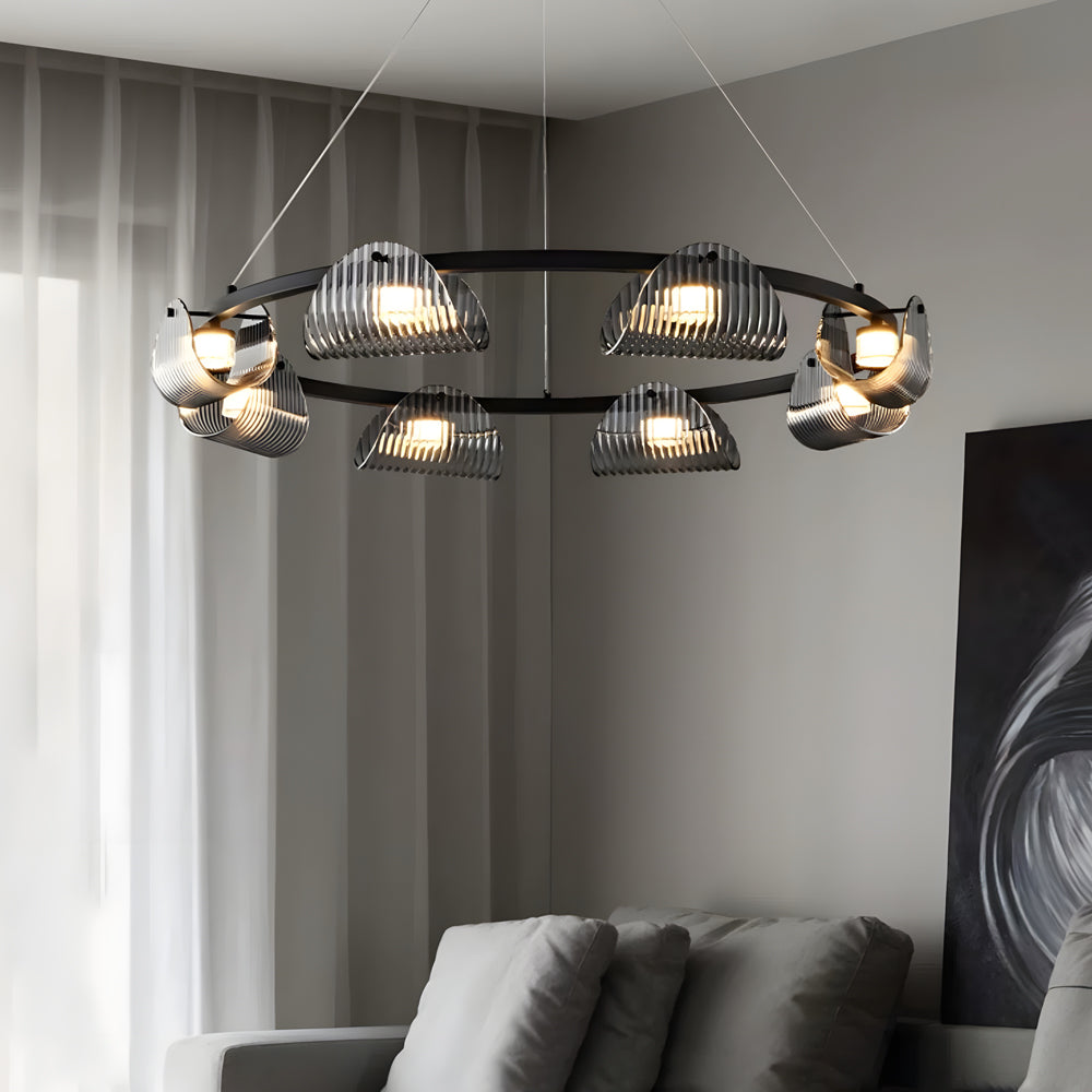 Modern Round Curved Striped Glass LED Chandelier Nordic Smoke Gray Dimmable Pendant
