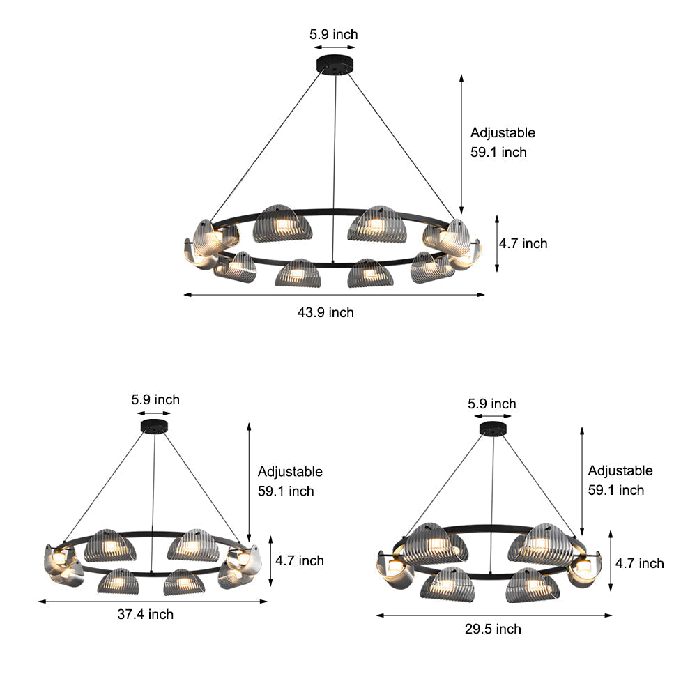 Modern Round Curved Striped Glass LED Chandelier Nordic Smoke Gray Dimmable Pendant
