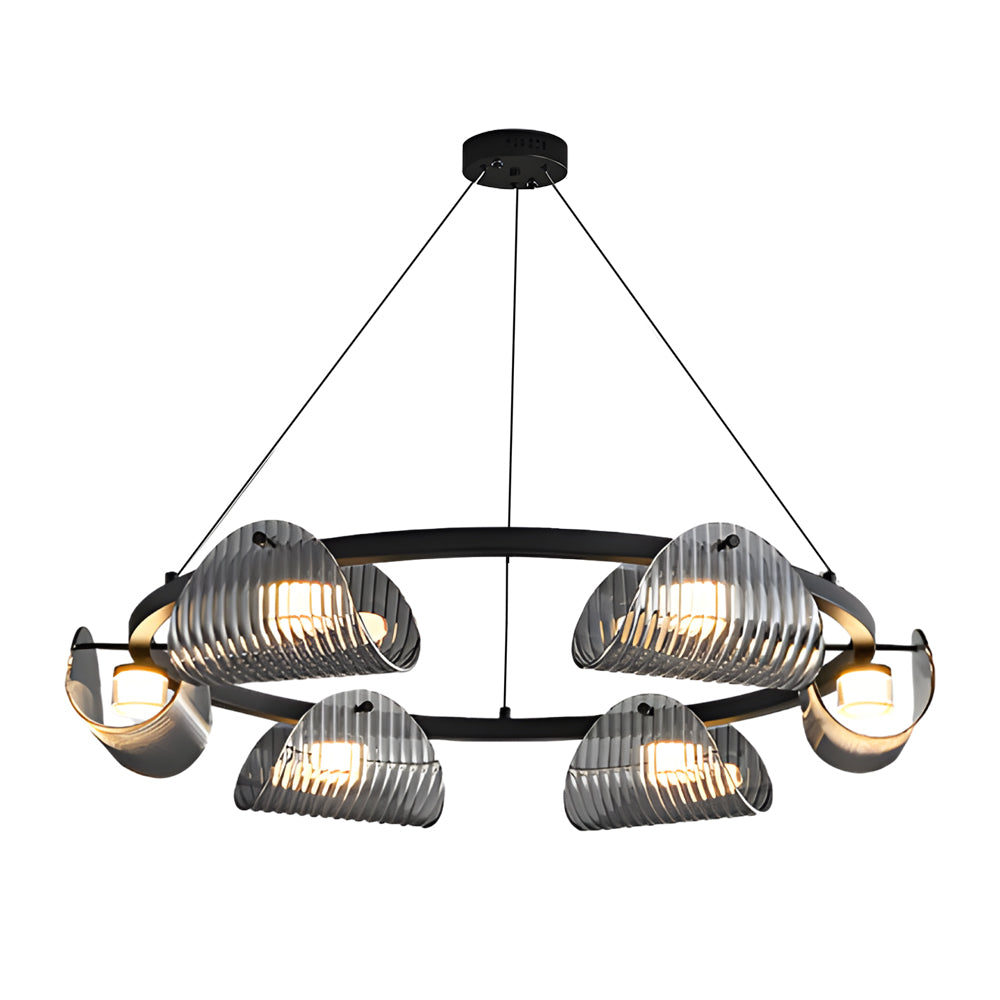 Modern Round Curved Striped Glass LED Chandelier Nordic Smoke Gray Dimmable Pendant