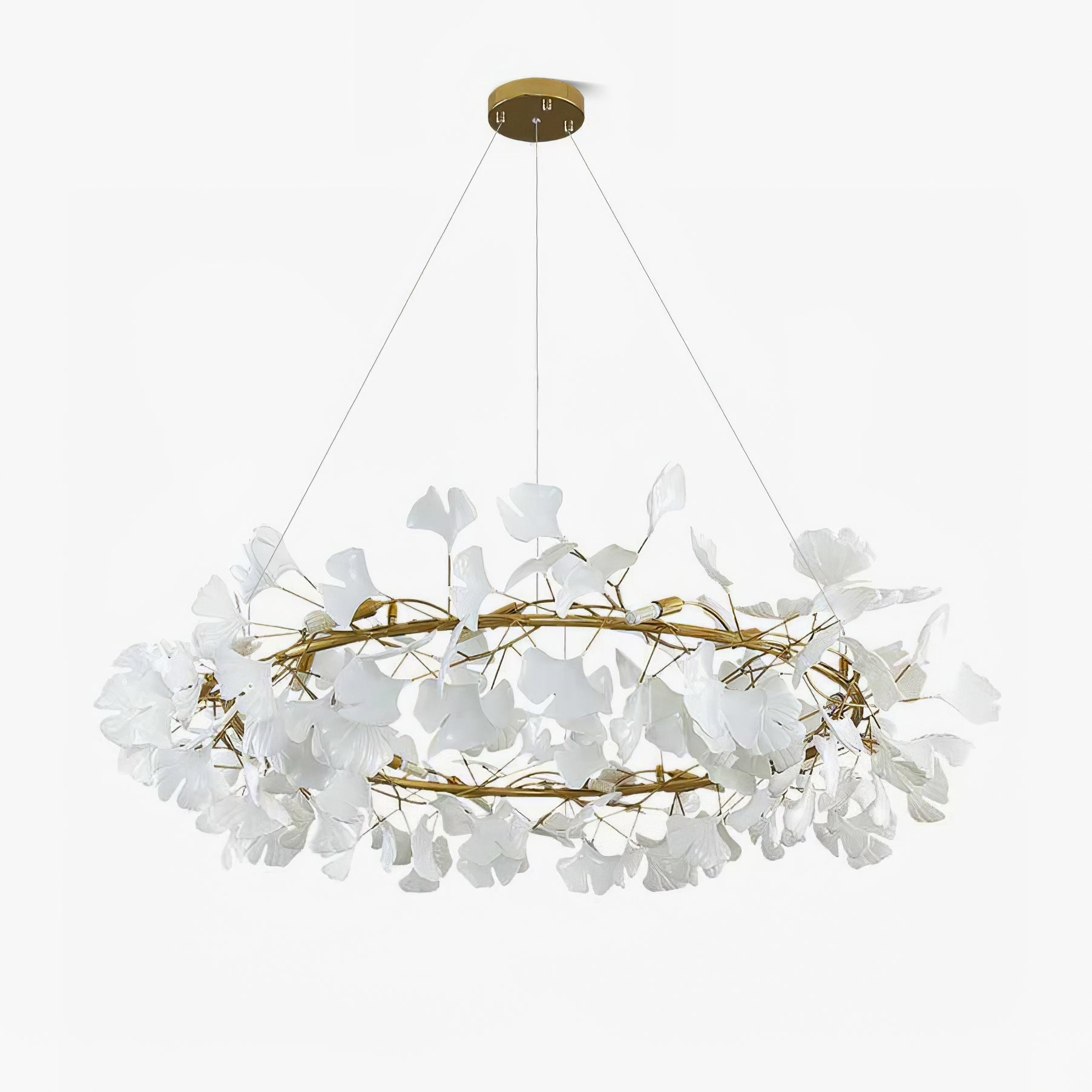 Modern Round Ginkgo Leaf Chandelier with Handcrafted Ceramic Petals and Metal Frame