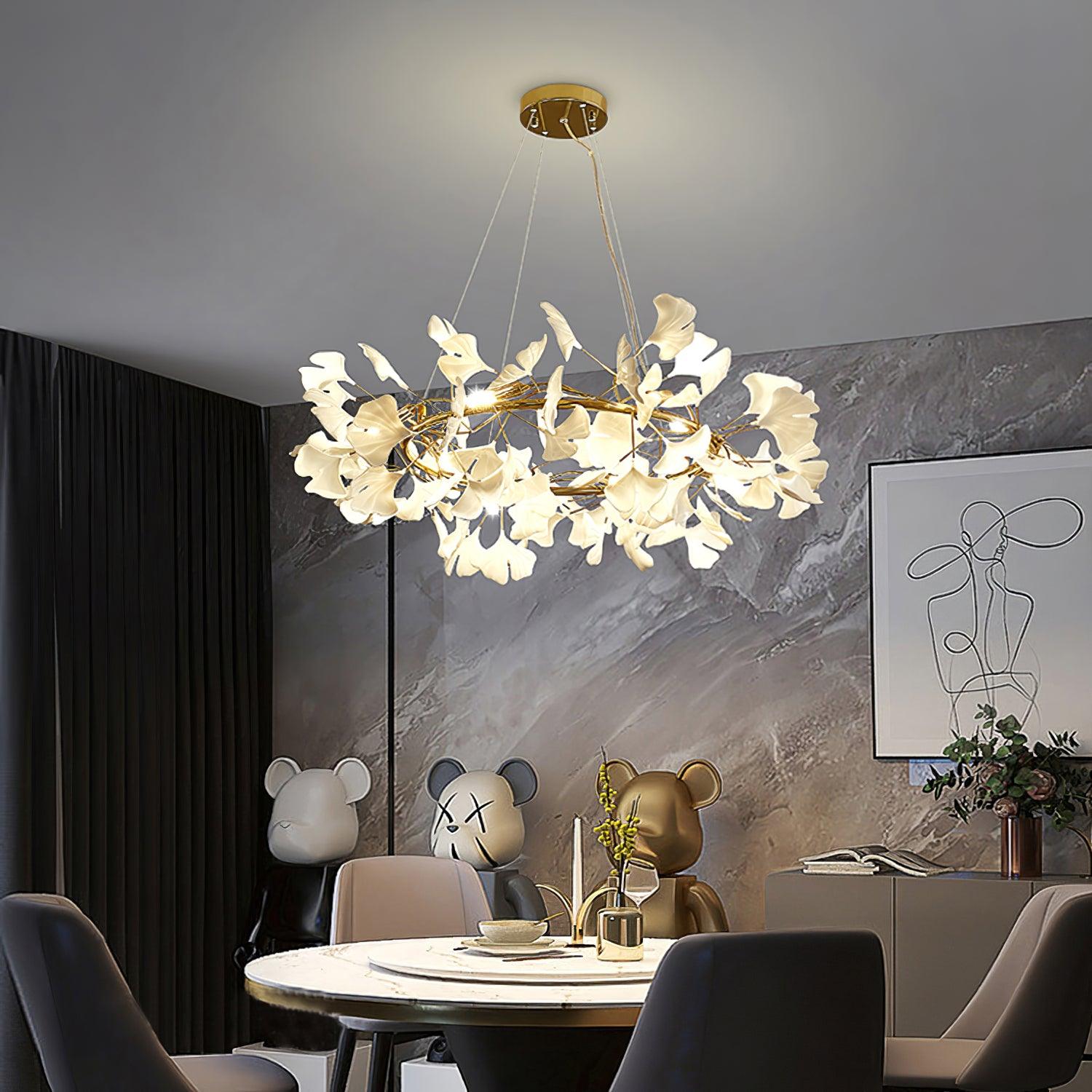 Modern Round Ginkgo Leaf Chandelier with Handcrafted Ceramic Petals and Metal Frame