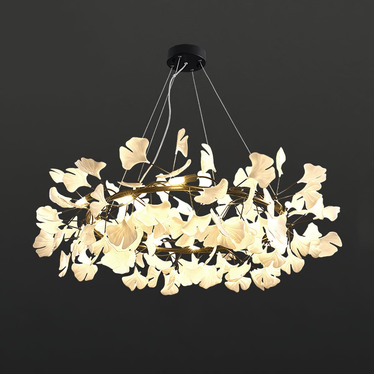 Modern Round Ginkgo Leaf Chandelier with Handcrafted Ceramic Petals and Metal Frame