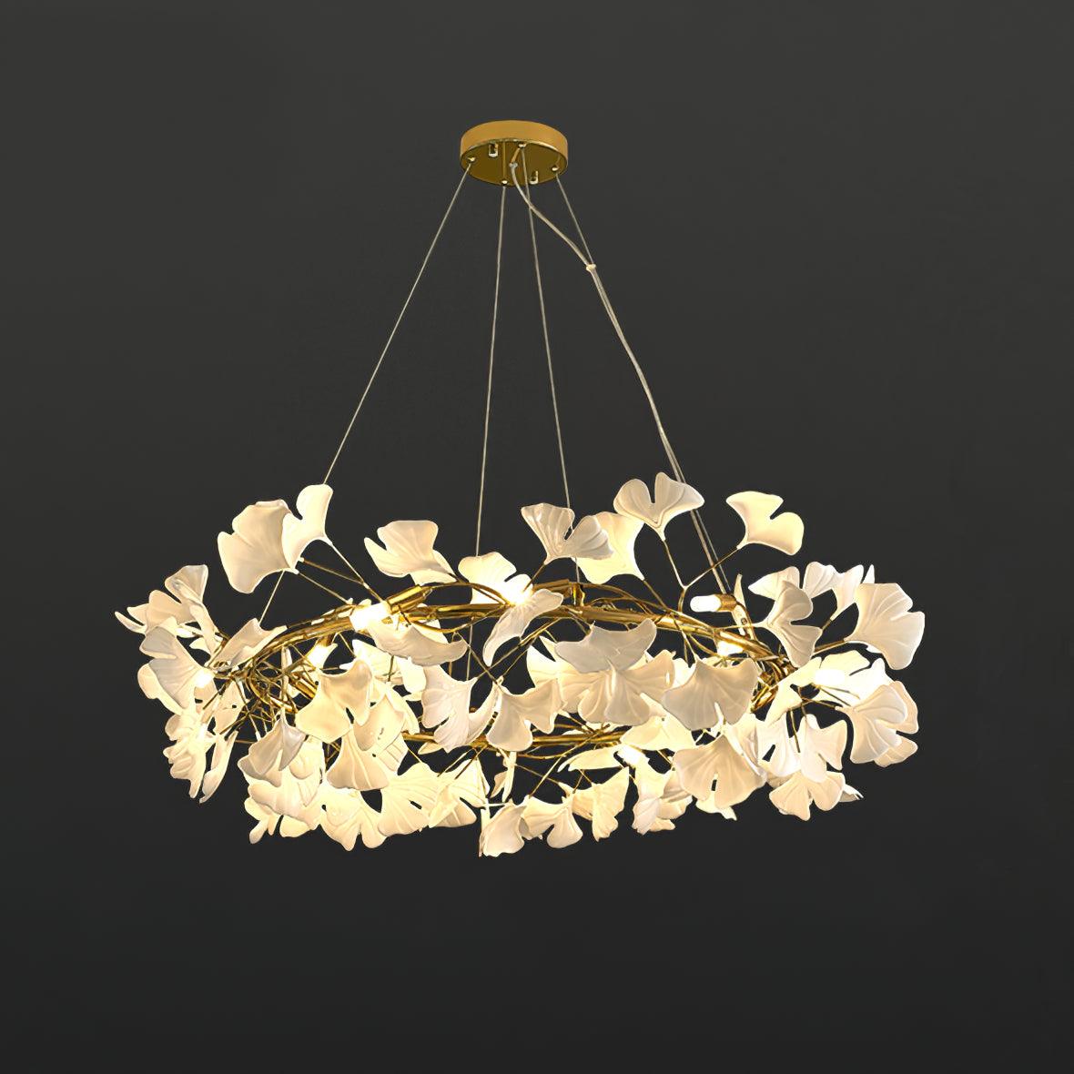 Modern Round Ginkgo Leaf Chandelier with Handcrafted Ceramic Petals and Metal Frame