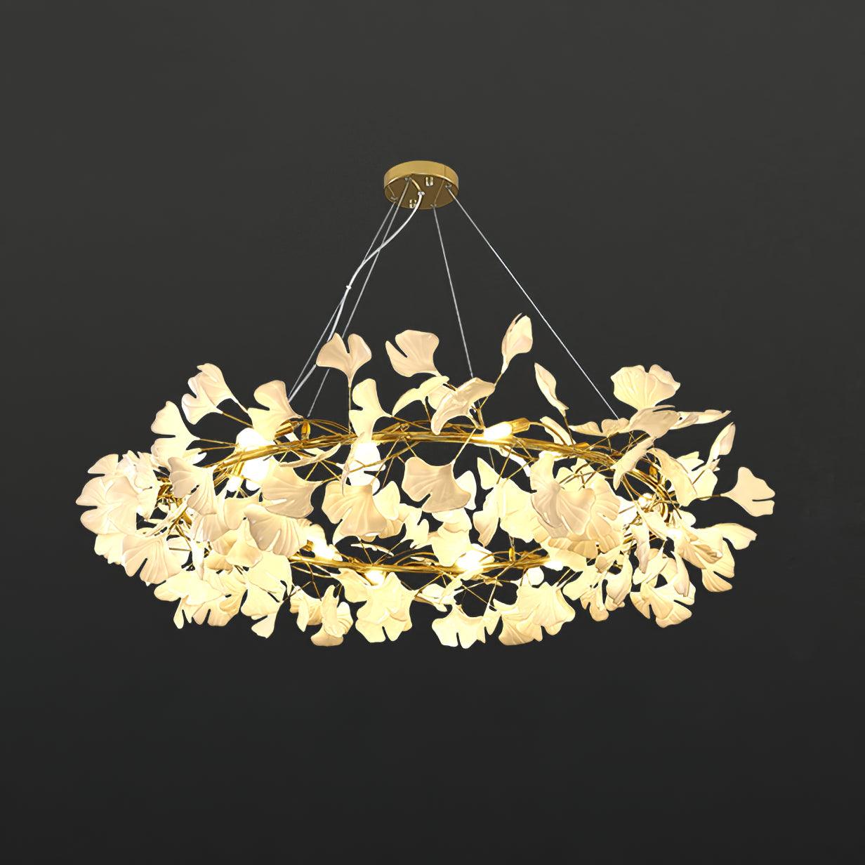 Modern Round Ginkgo Leaf Chandelier with Handcrafted Ceramic Petals and Metal Frame