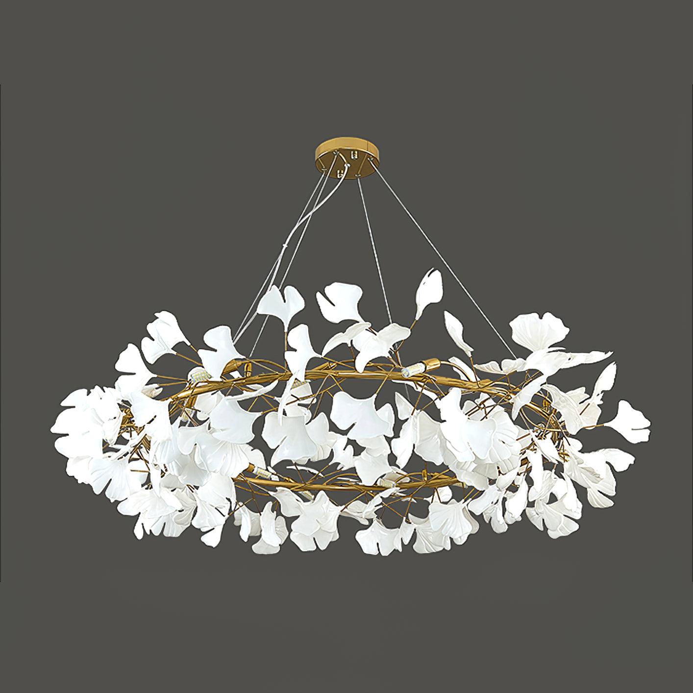 Modern Round Ginkgo Leaf Chandelier with Handcrafted Ceramic Petals and Metal Frame