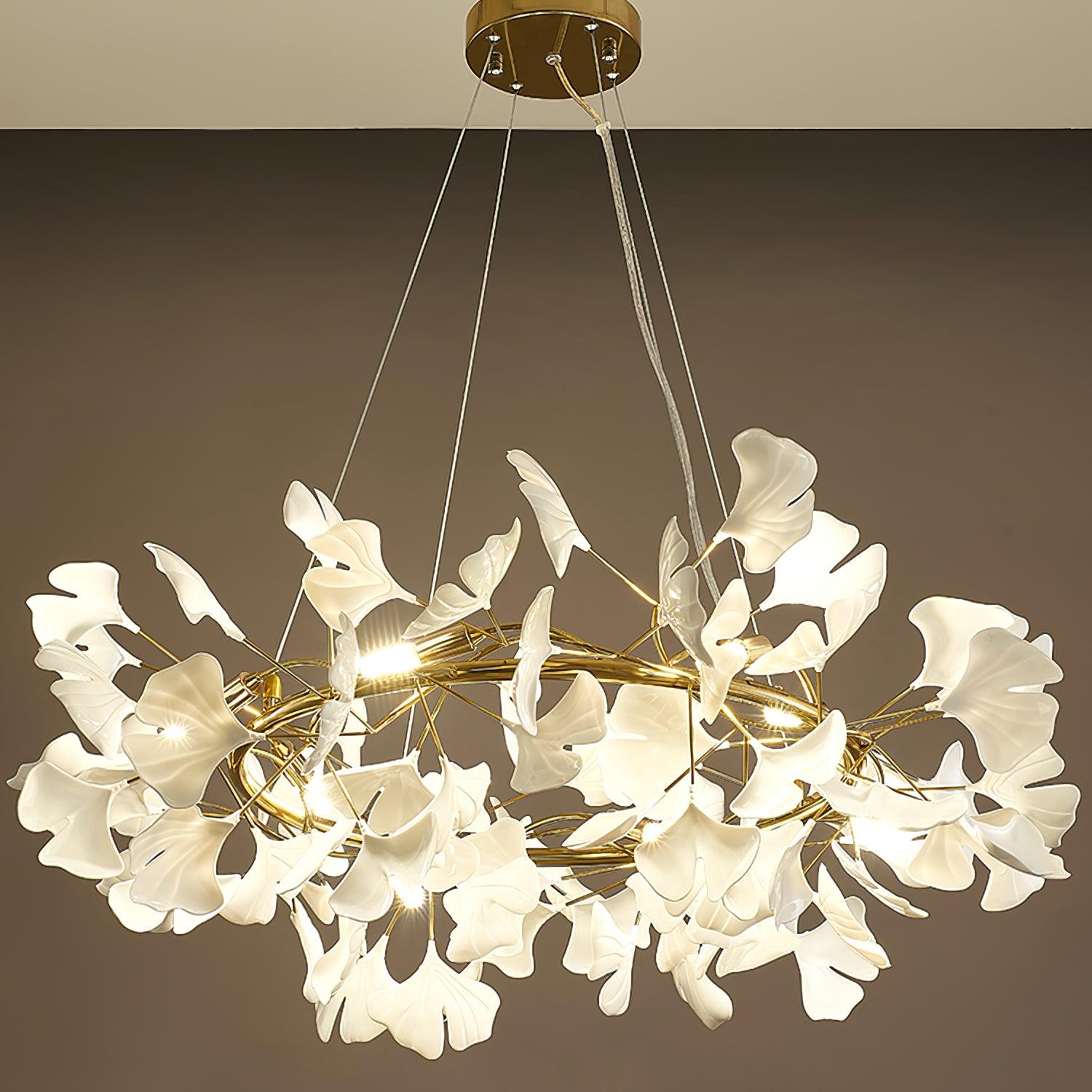 Modern Round Ginkgo Leaf Chandelier with Handcrafted Ceramic Petals and Metal Frame