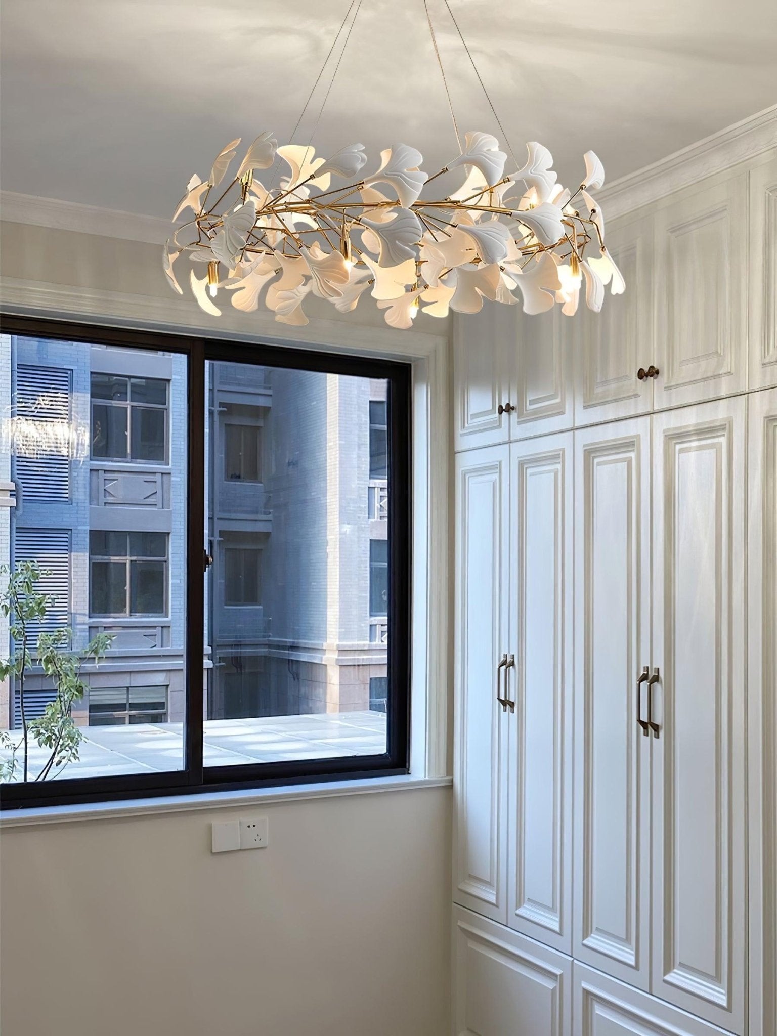 Modern Round Ginkgo Leaf Chandelier with Handcrafted Ceramic Petals and Metal Frame