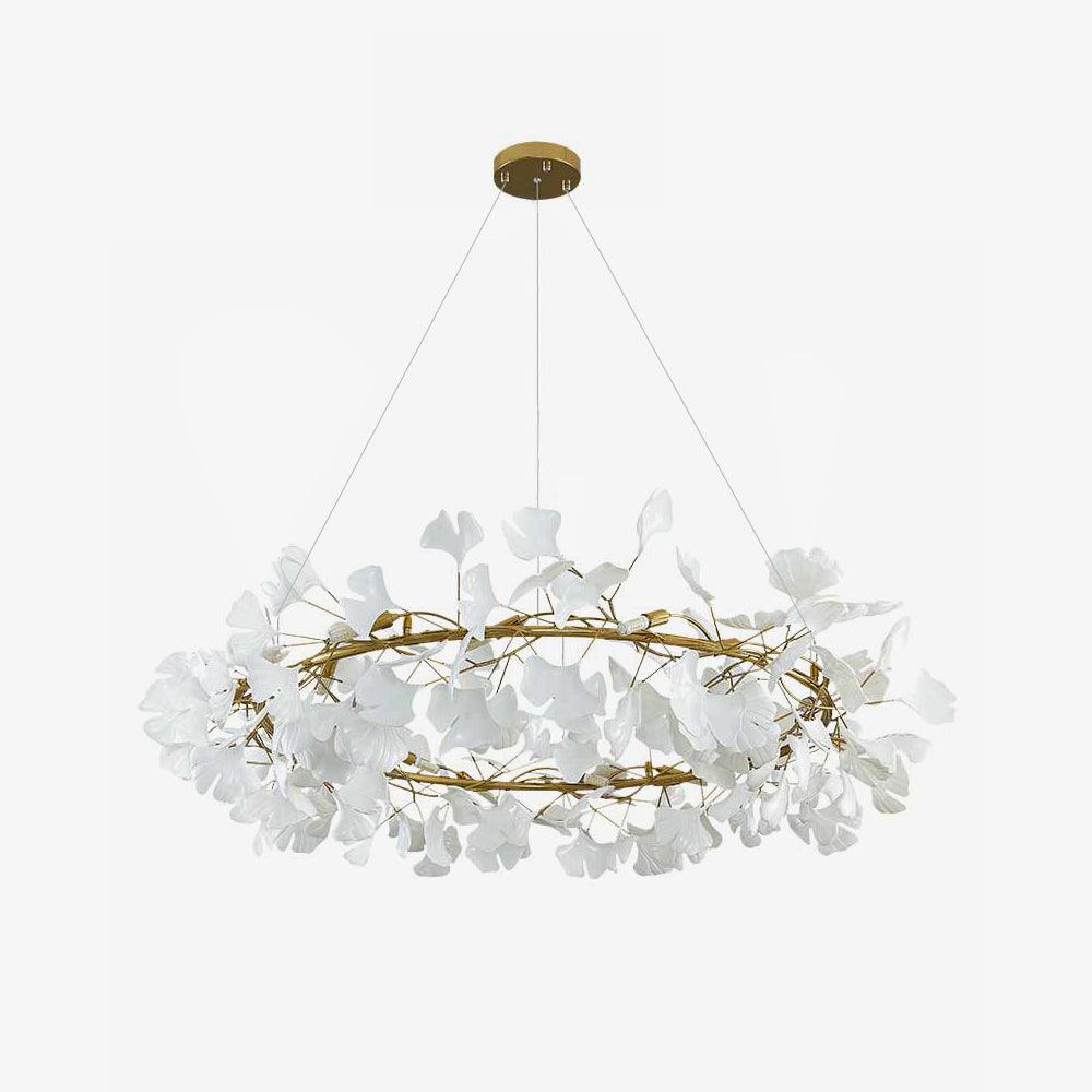 Modern Round Ginkgo Leaf Chandelier with Handcrafted Ceramic Petals and Metal Frame