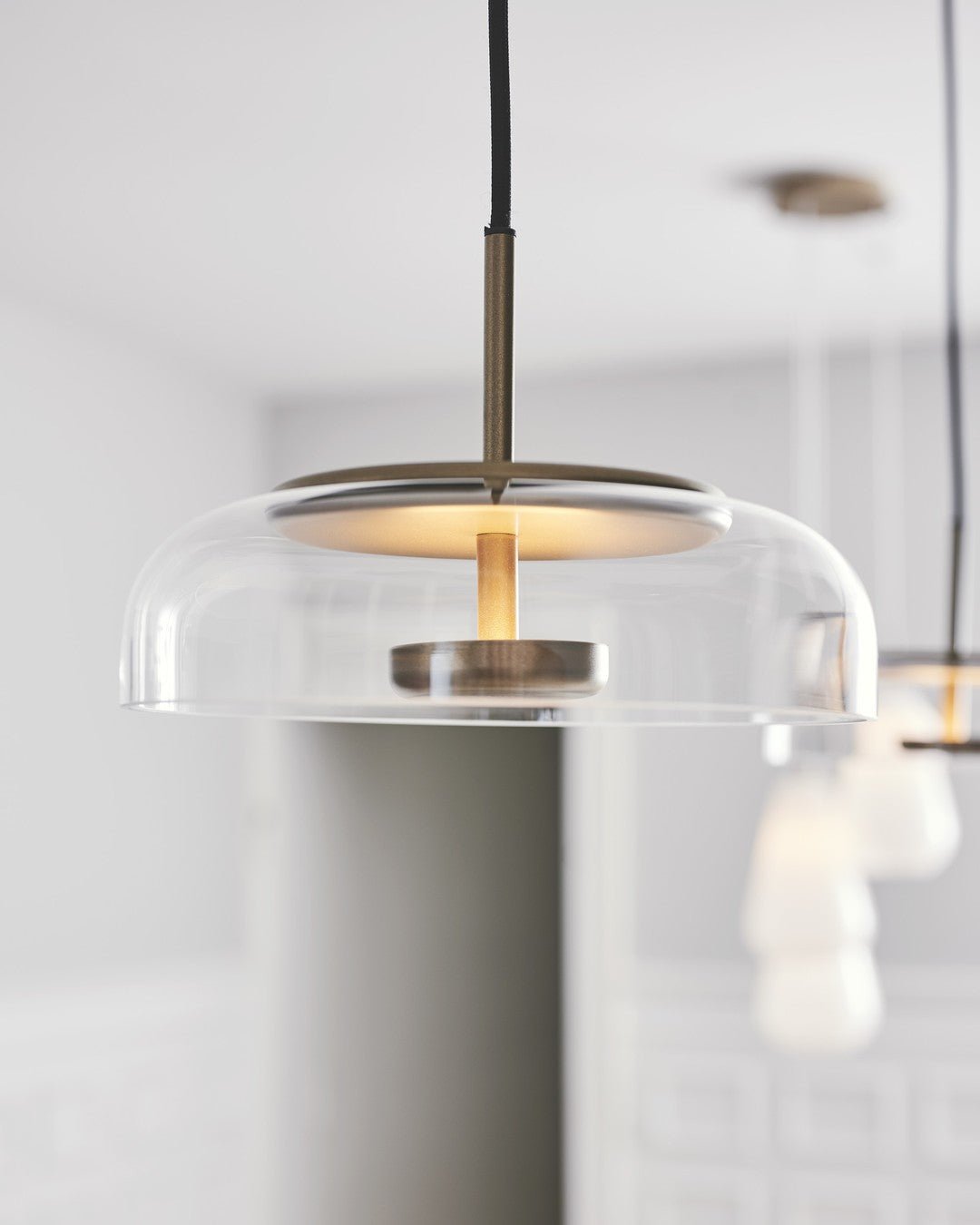 Modern Round Glass and Brass Pendant Light Fixture for Contemporary Interior Lighting