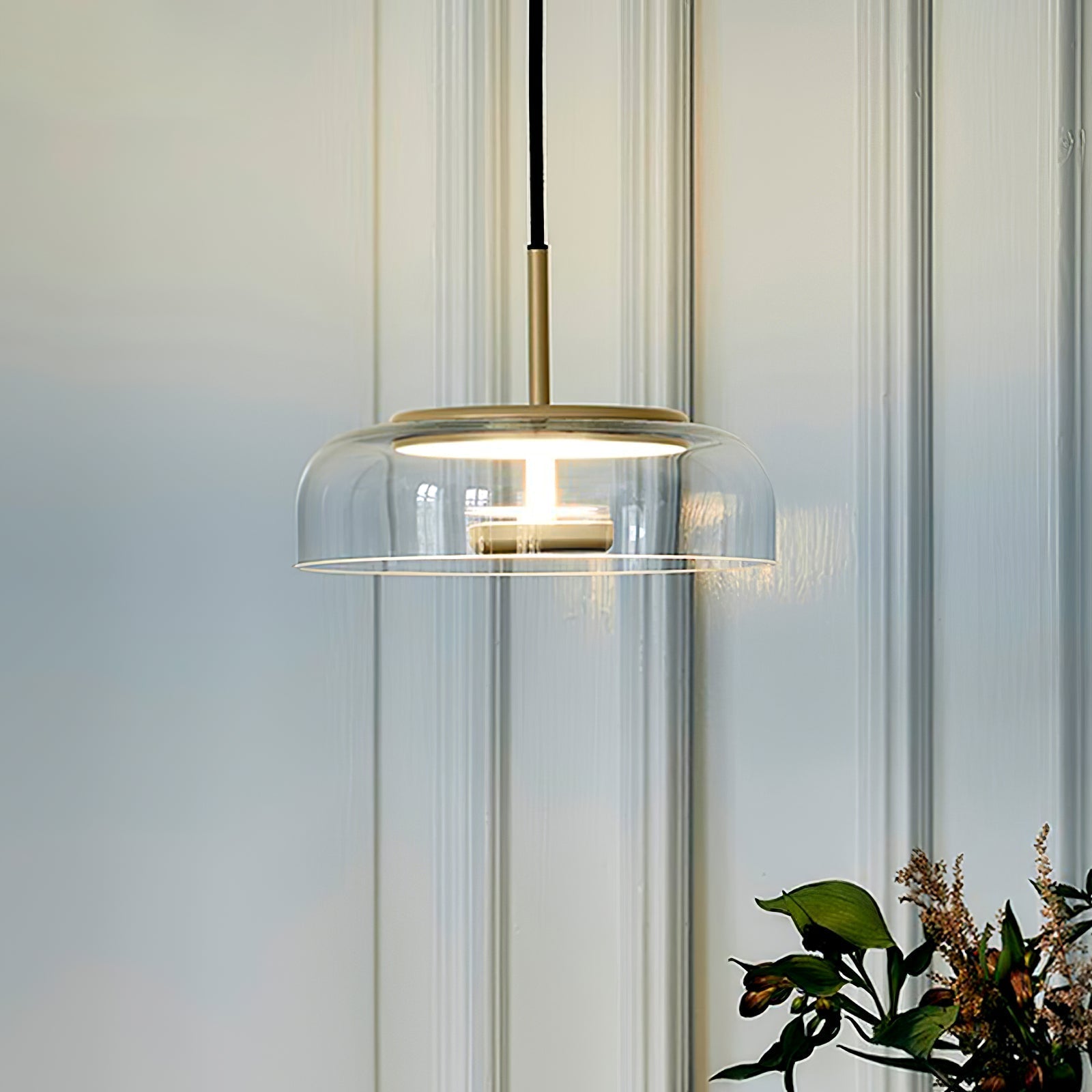 Modern Round Glass and Brass Pendant Light Fixture for Contemporary Interior Lighting