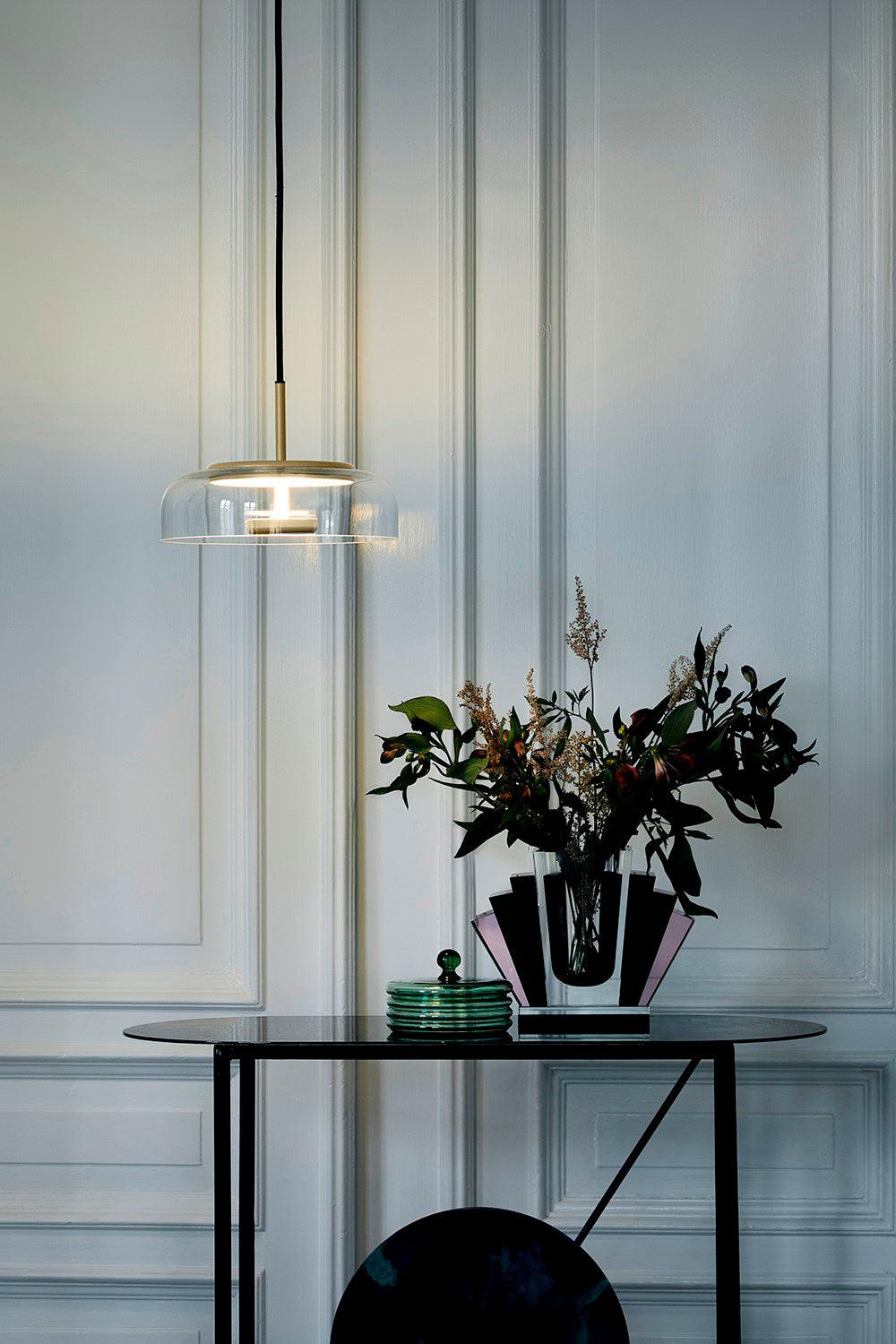 Modern Round Glass and Brass Pendant Light Fixture for Contemporary Interior Lighting
