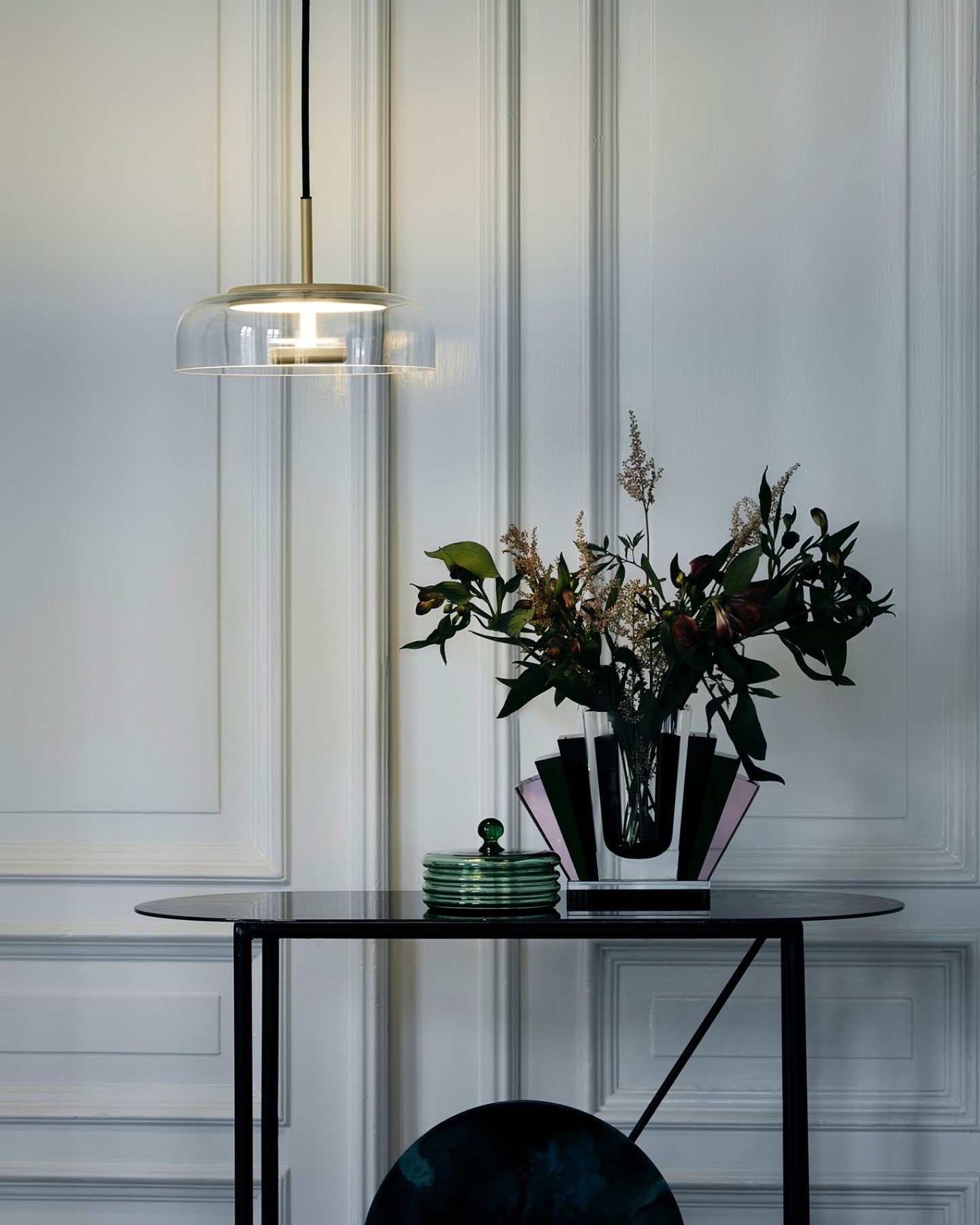 Modern Round Glass and Brass Pendant Light Fixture for Contemporary Interior Lighting