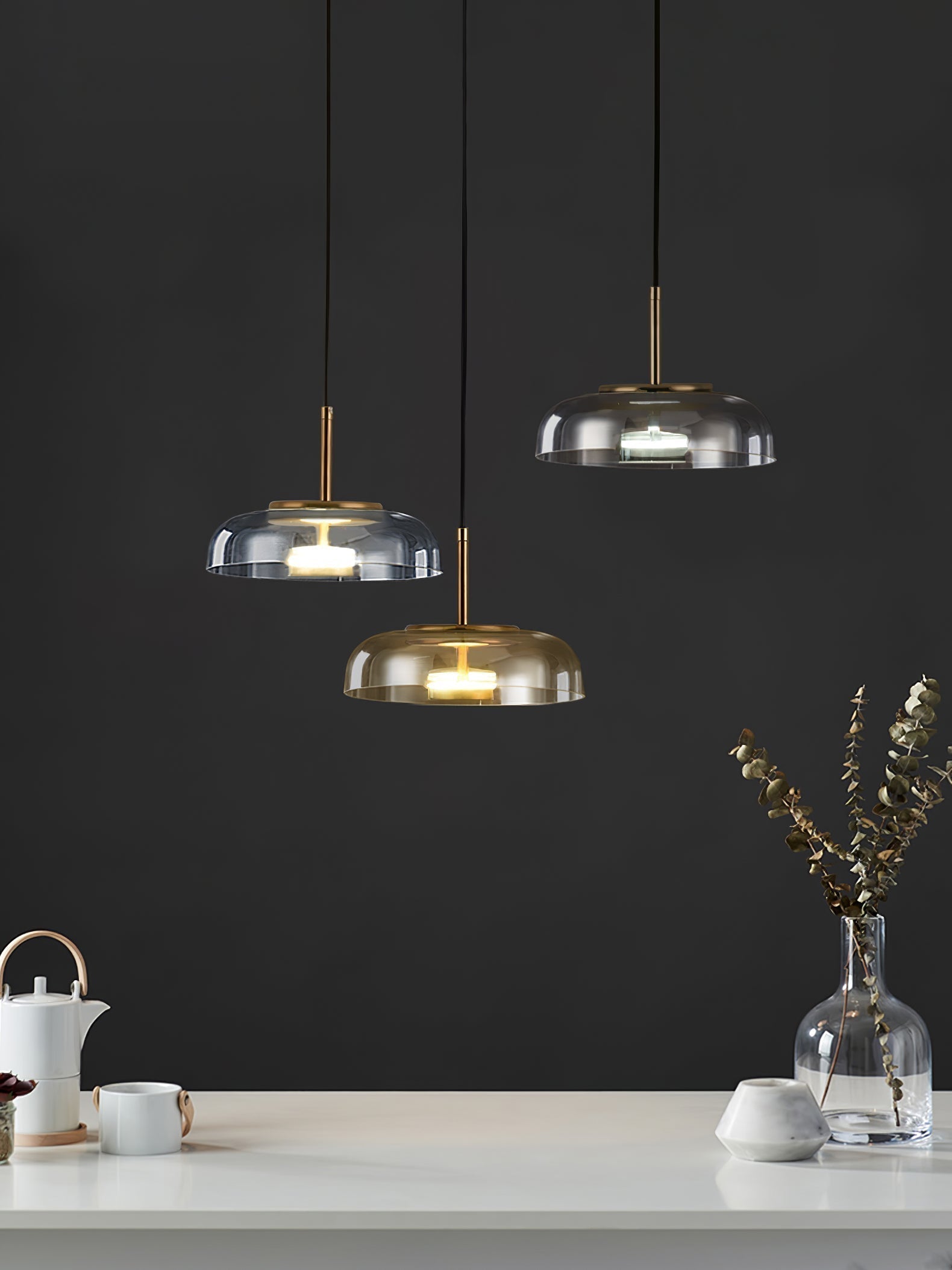 Modern Round Glass and Brass Pendant Light Fixture for Contemporary Interior Lighting