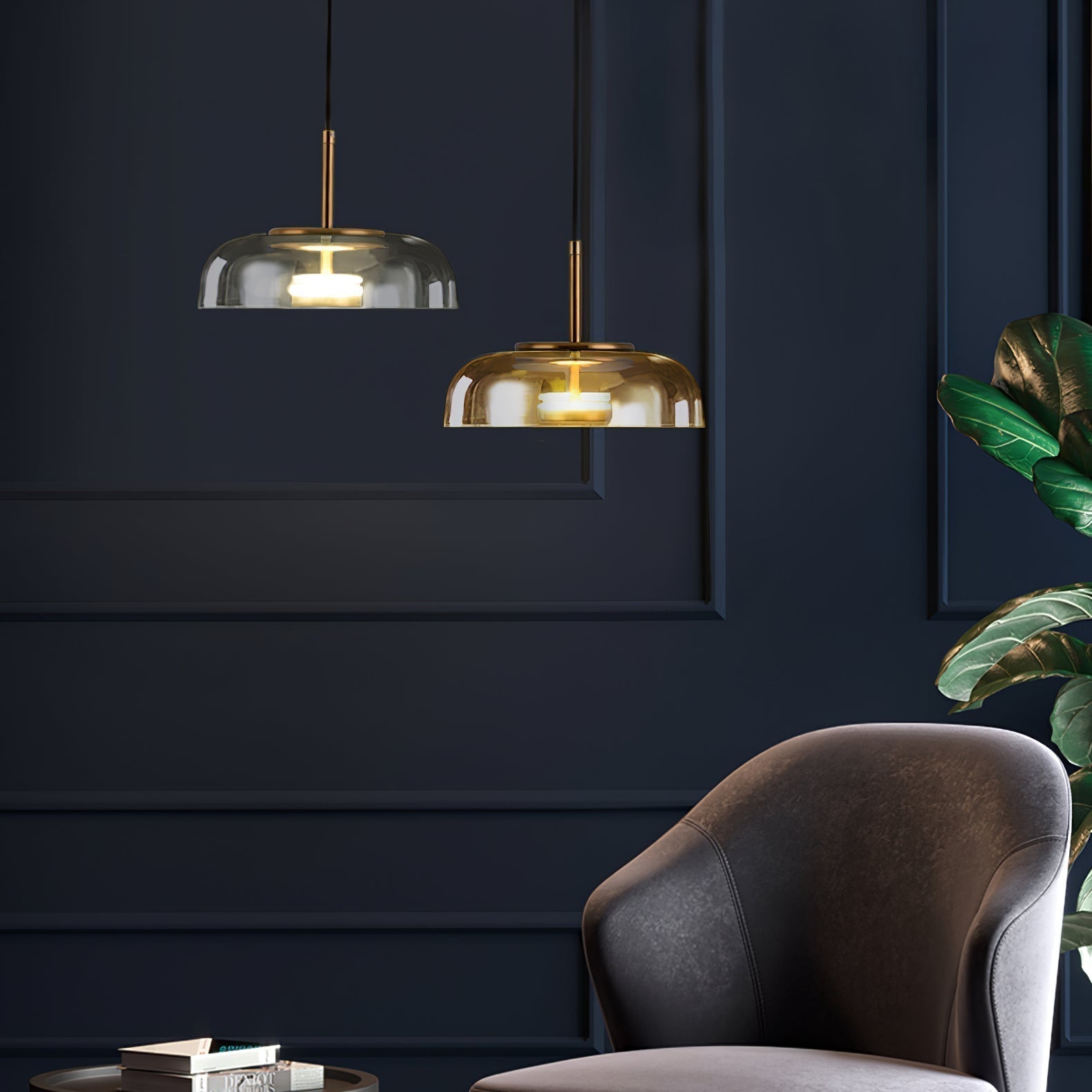 Modern Round Glass and Brass Pendant Light Fixture for Contemporary Interior Lighting