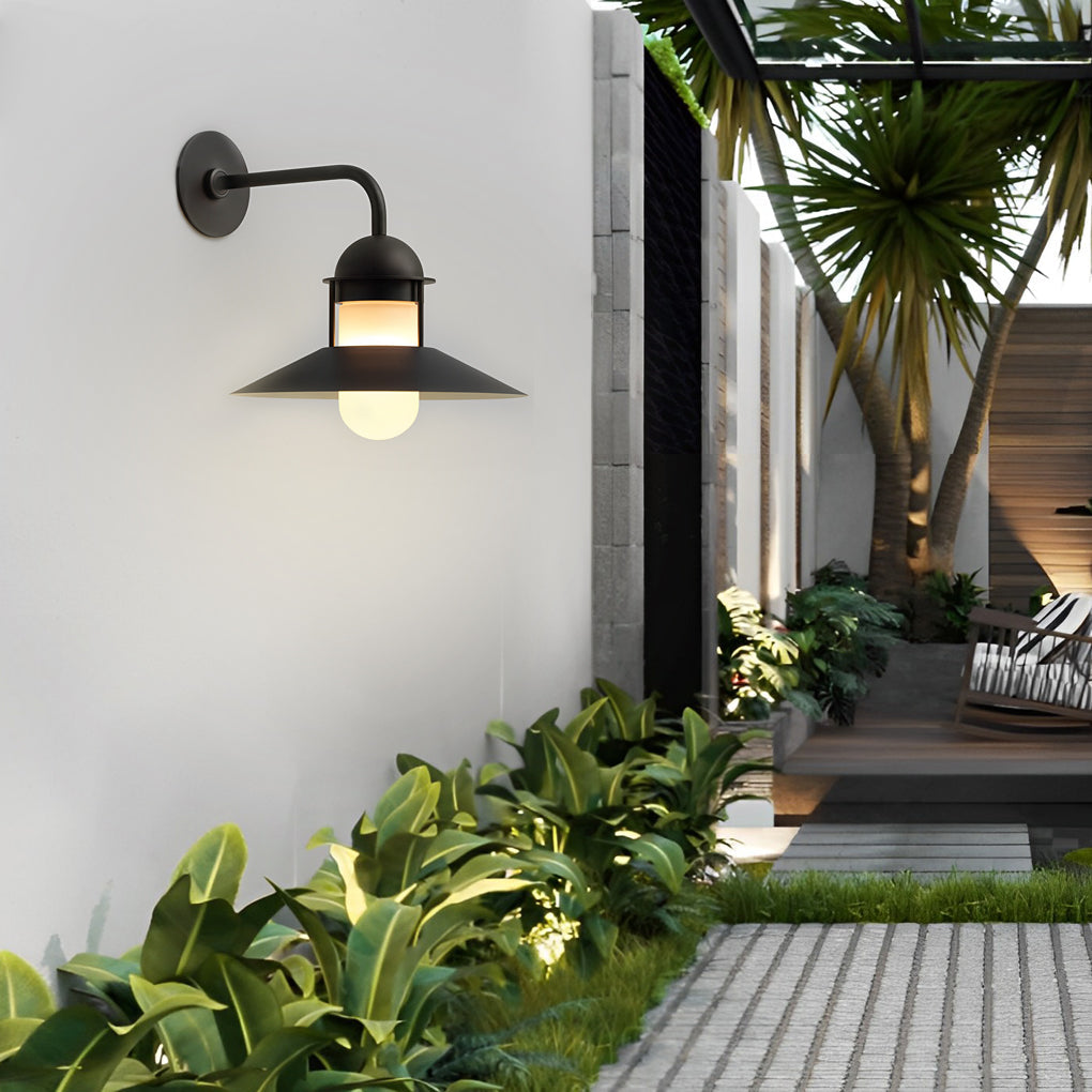 Modern Round Iron and Glass Outdoor Wall Lantern Waterproof Exterior Lighting Sconce in Black Finish
