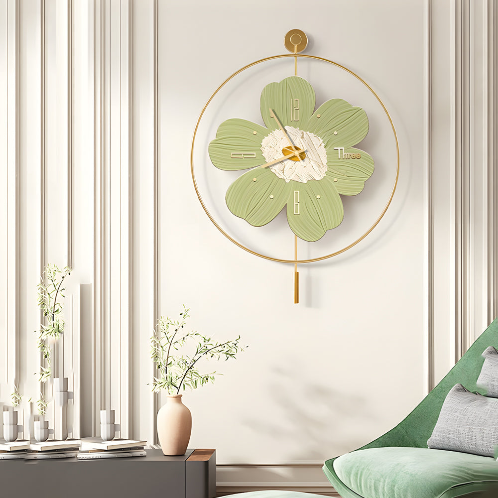 Modern Round Metal Floral LED Wall Clock for Living Room Silent Battery Operated