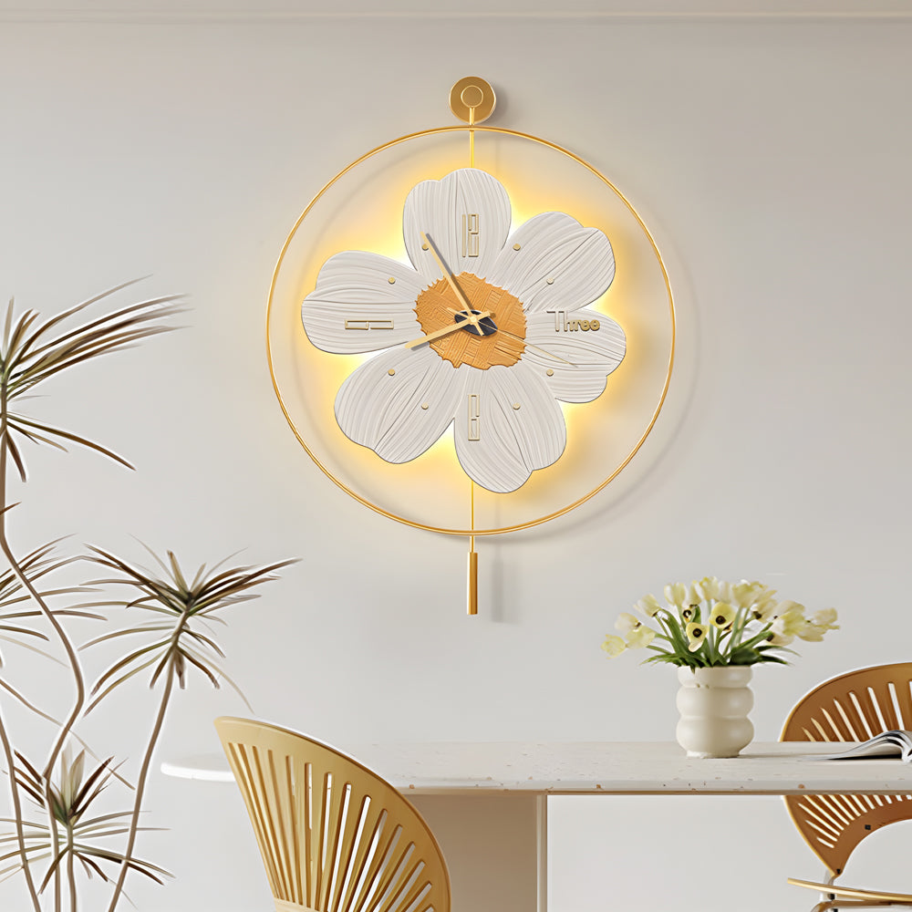 Modern Round Metal Floral LED Wall Clock for Living Room Silent Battery Operated