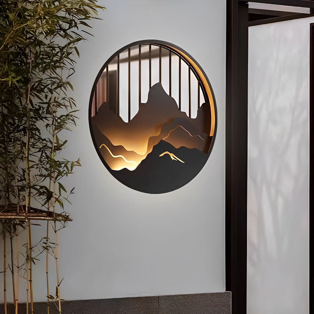 Modern Round Mountain Scenery LED Waterproof Outdoor Wall Sconce Lamp for Exterior Decor