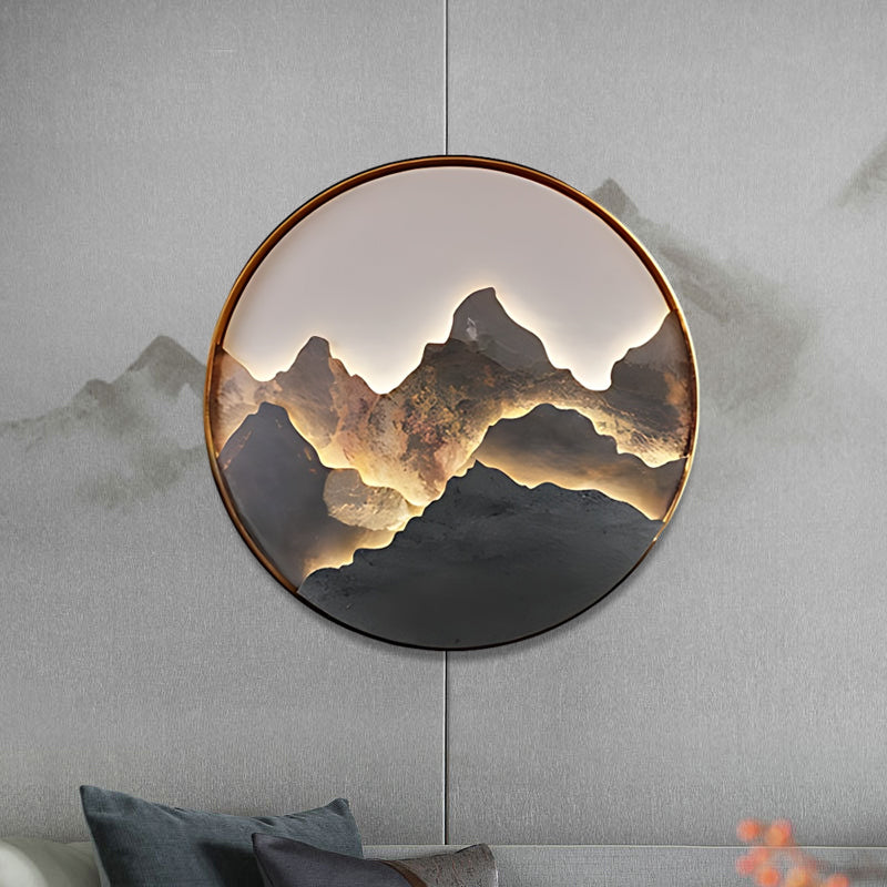 Modern Round Rock Slab Wall Sconce with Mountain Scenery Painting LED Lighting
