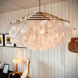 Modern Round Shell Pendant Light Coastal Chandelier for Living Room and Bedroom
