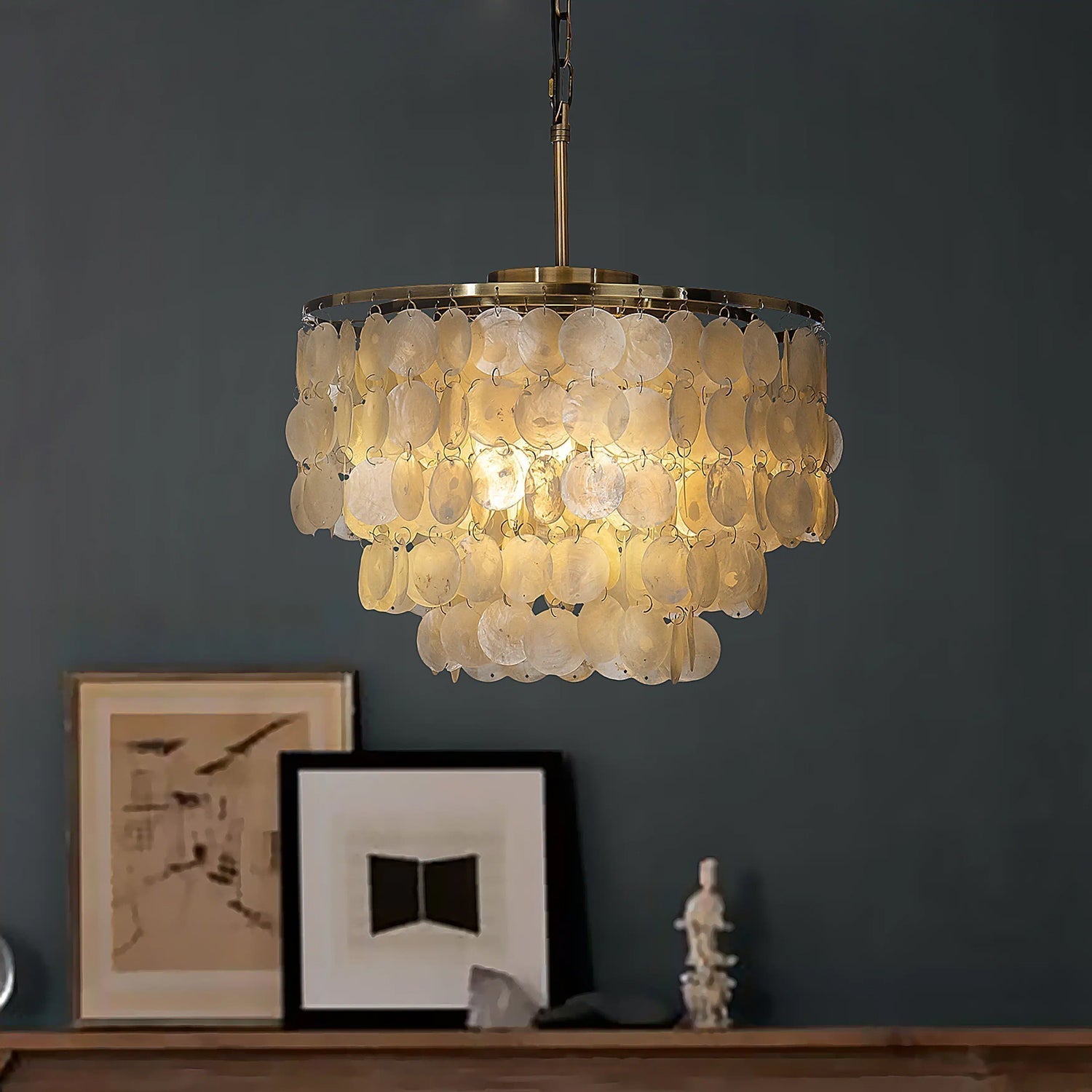 Modern Round Shell Pendant Light Coastal Chandelier for Living Room and Bedroom