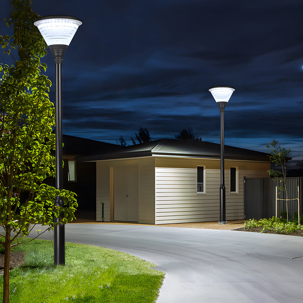 Modern Round Solar LED Outdoor Lamp Post Black Finish Dusk to Dawn Sensor Lighting