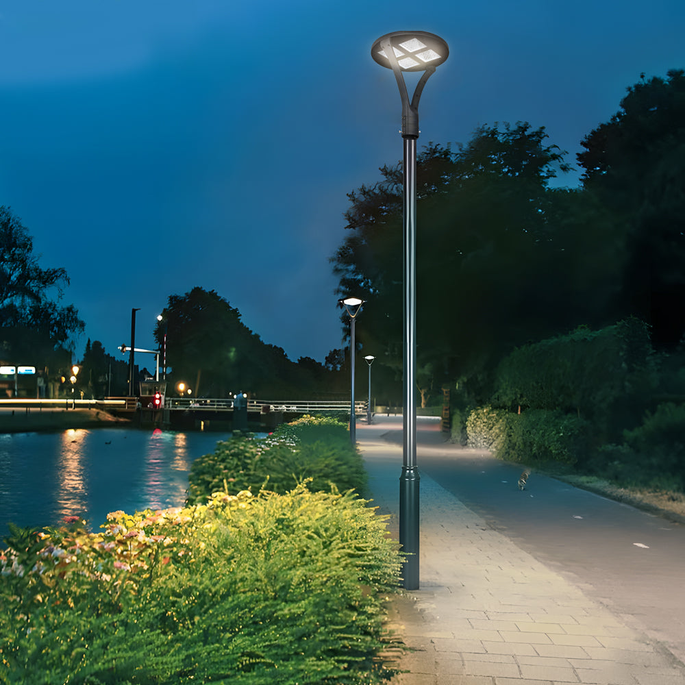 Modern Round Waterproof LED Outdoor Post Top Light Single or Double Arm Black Aluminum Pathway Fixture