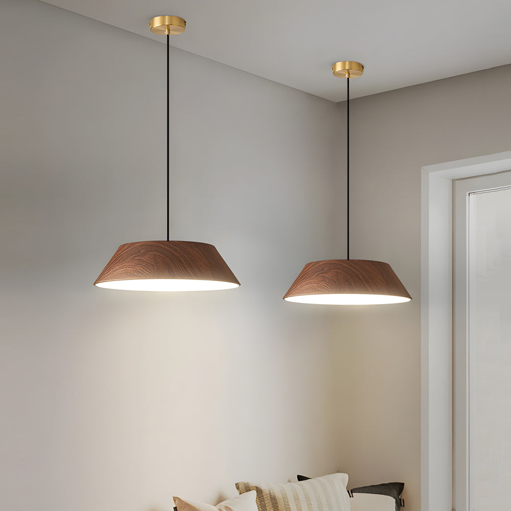Modern Round Wood Grain LED Pendant Light Japanese Style 15 Inch Nordic Hanging Lamp