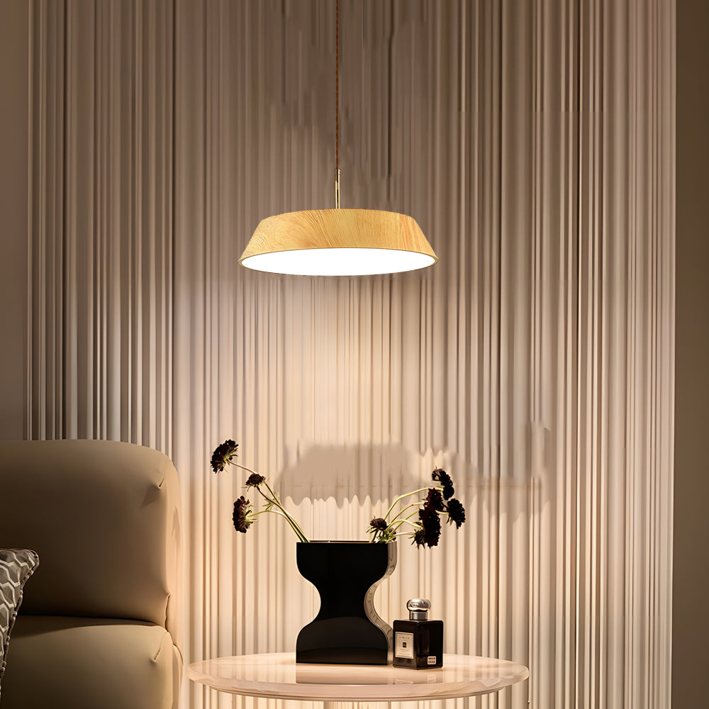 Modern Round Wood Grain LED Pendant Light Japanese Style 15 Inch Nordic Hanging Lamp