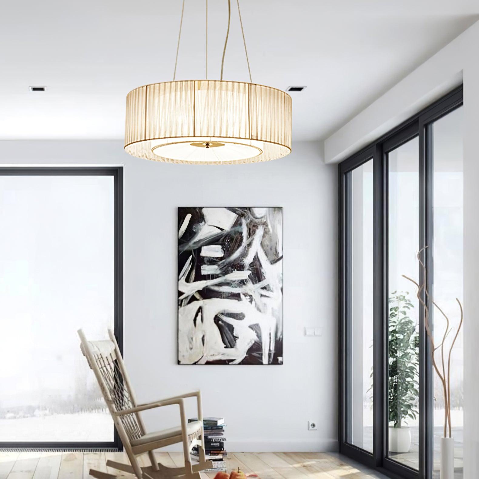Modern Ruffle Pleated Fabric Pendant Light Japanese Style Beige Ceiling Hanging Lamp