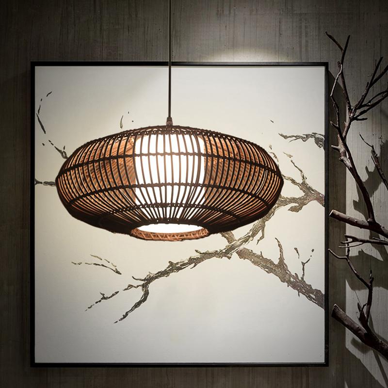 Modern Rustic Dark Brown Bamboo Round Pendant Light for Kitchen Island and Dining Room Lighting