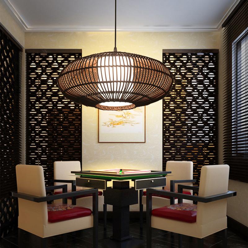 Modern Rustic Dark Brown Bamboo Round Pendant Light for Kitchen Island and Dining Room Lighting