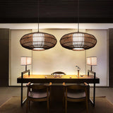 Modern Rustic Dark Brown Bamboo Round Pendant Light for Kitchen Island and Dining Room Lighting