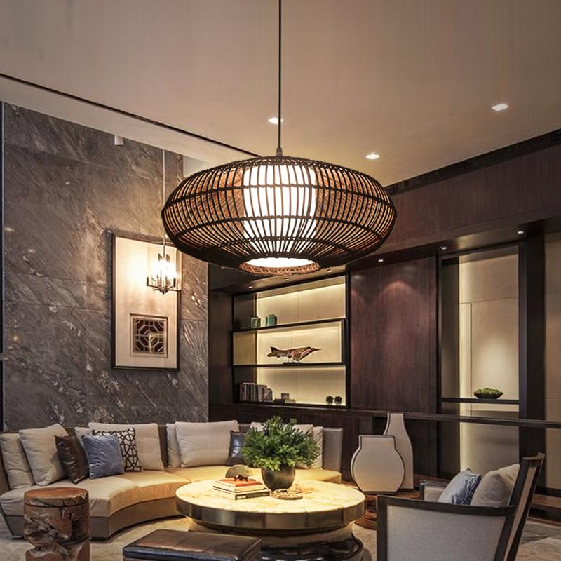 Modern Rustic Dark Brown Bamboo Round Pendant Light for Kitchen Island and Dining Room Lighting