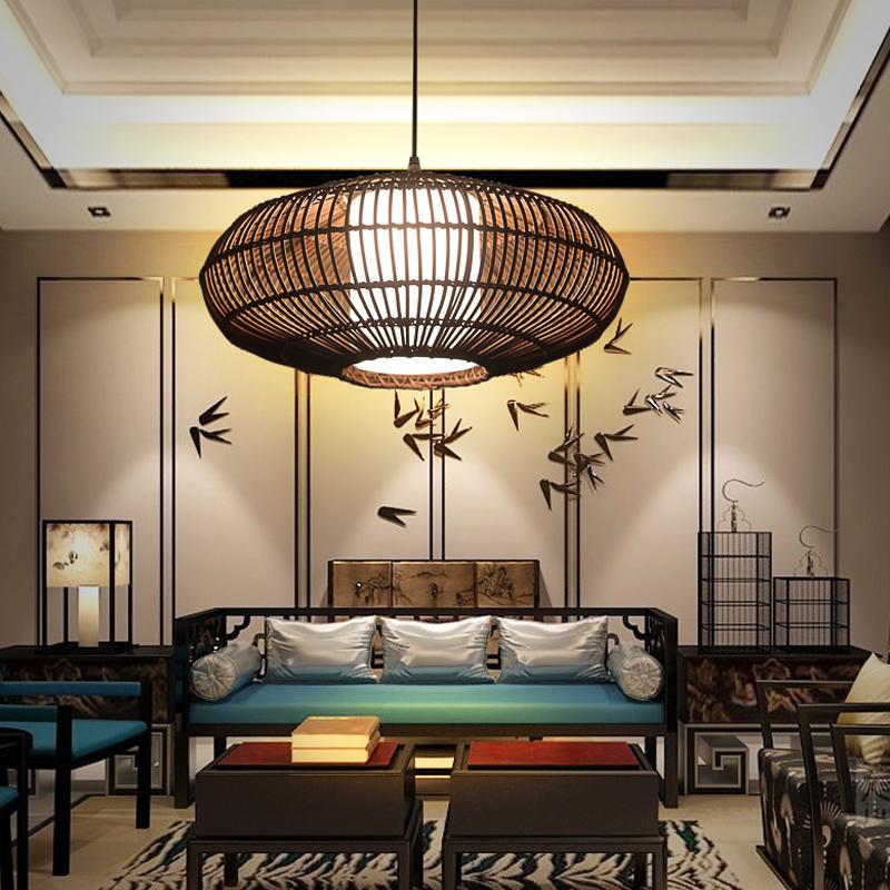 Modern Rustic Dark Brown Bamboo Round Pendant Light for Kitchen Island and Dining Room Lighting