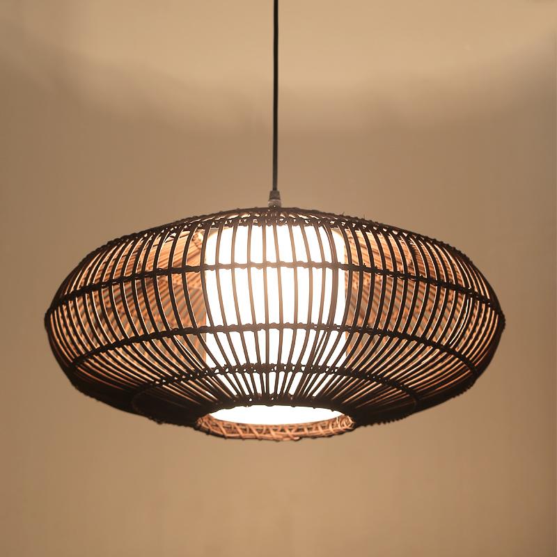 Modern Rustic Dark Brown Bamboo Round Pendant Light for Kitchen Island and Dining Room Lighting