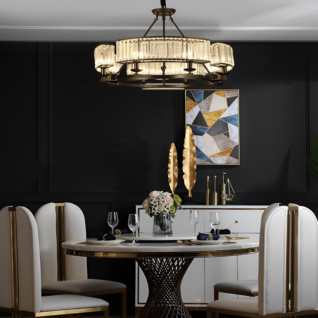 Modern Rustic Round Crystal Chandelier with Three Step Dimming Metal Frame for Living Room