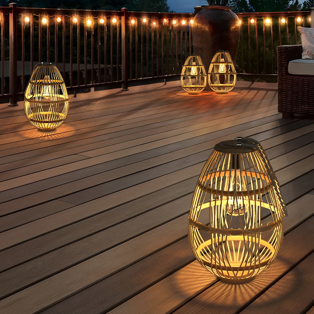 Modern Rustic Wood and Rattan Solar Garden Lantern Waterproof LED Portable Lawn Light