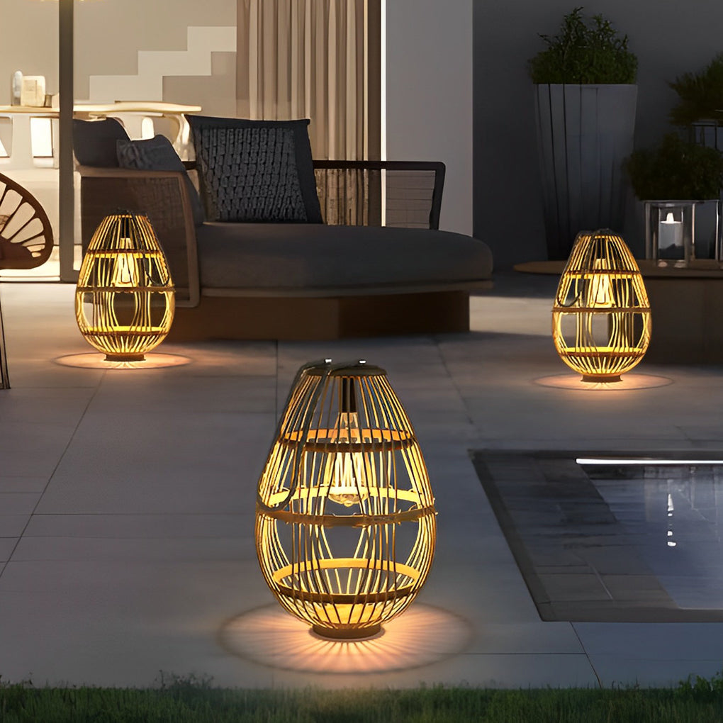 Modern Rustic Wood and Rattan Solar Garden Lantern Waterproof LED Portable Lawn Light