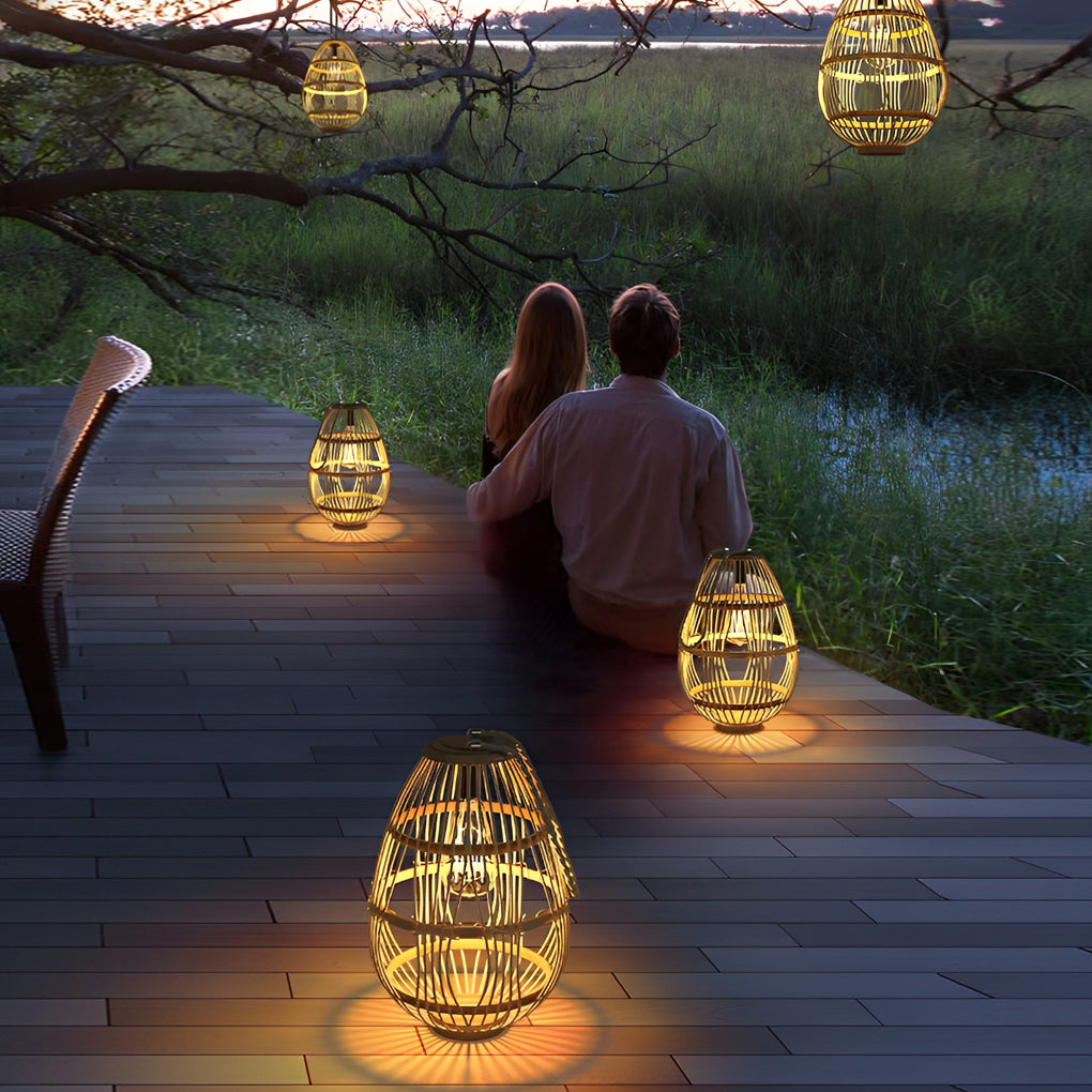 Modern Rustic Wood and Rattan Solar Garden Lantern Waterproof LED Portable Lawn Light