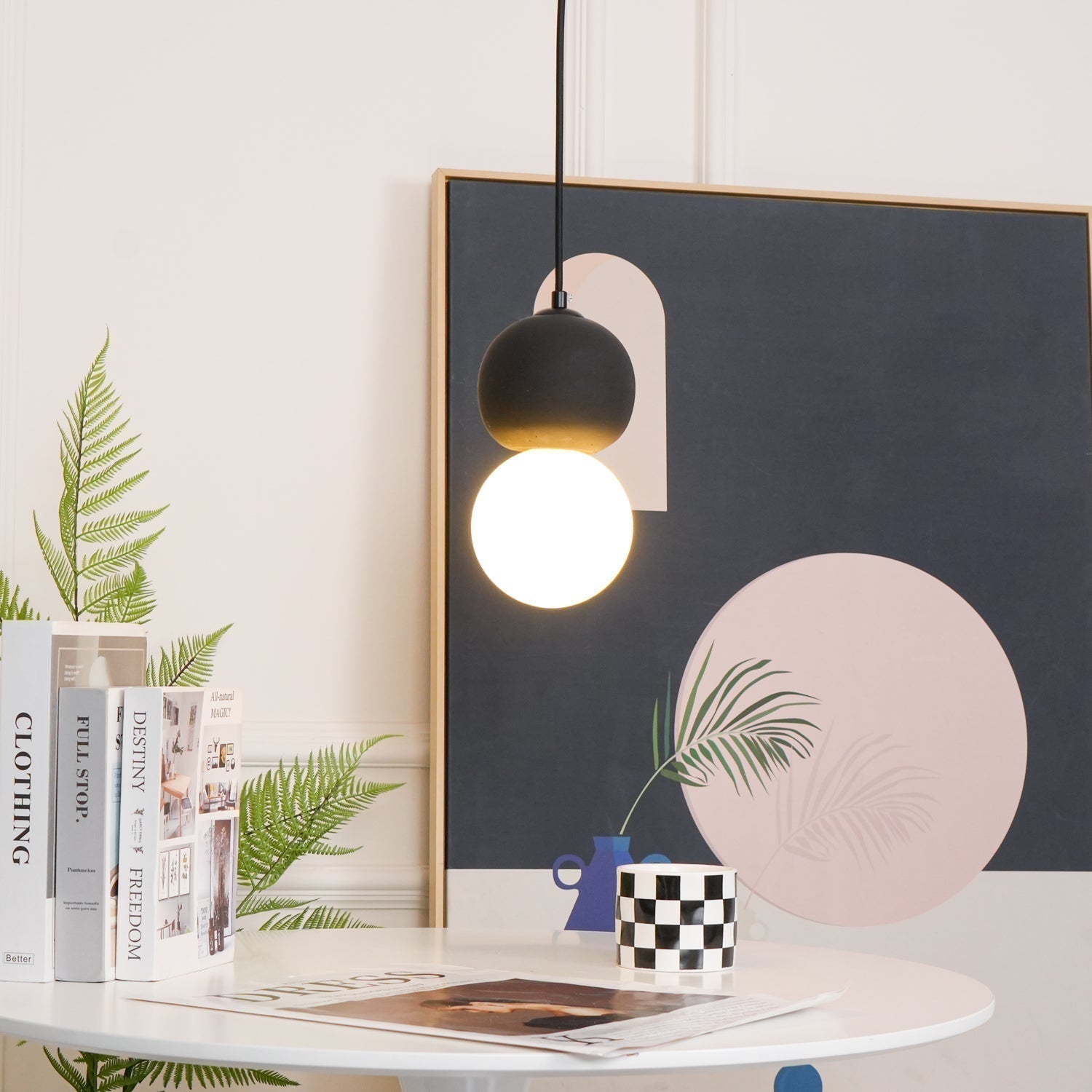Modern Sandstone and Opal Glass Sphere Pendant Light for Minimalist Interior Decor